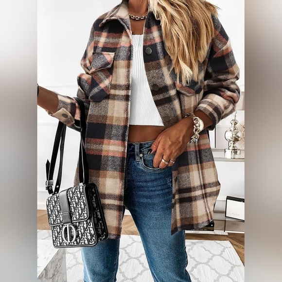 Flannel Button Down Shirt, Boyfriend Long Sleeve, Oversized, Brown/Orange, S - Picture 5 of 17